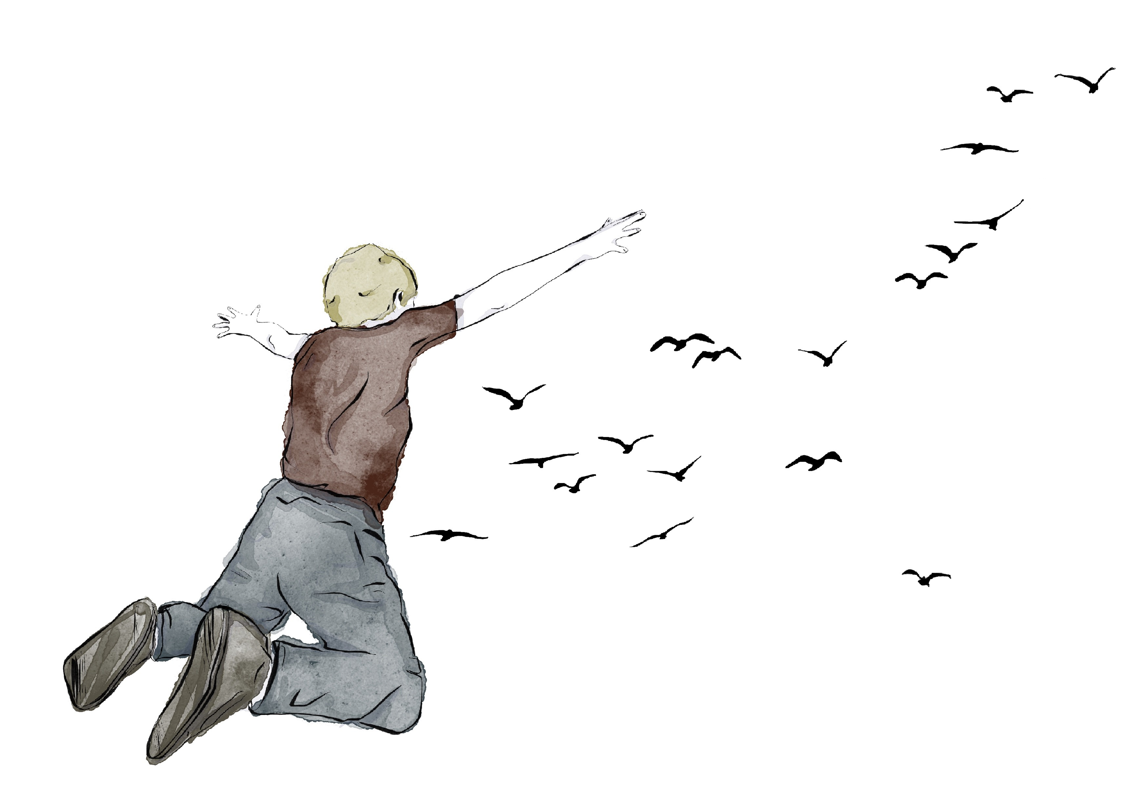 Illustratie van een jongen die naar een zwerm vogels springt